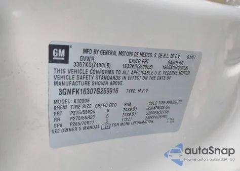 2007 Chevrolet Suburban 1500 Ltz z USA, uszkodzony, nr VIN 3GNFK16307G269916